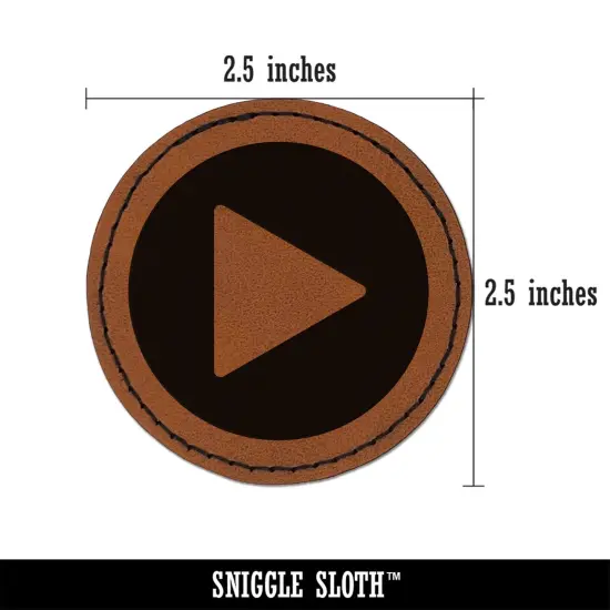 Play Button Icon Round Iron-On Engraved Faux Leather Patch Applique - 2.5" Brown {3}