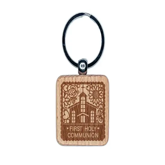 First Holy Communion Cute Chapel with Floral Scalloped Border Engraved Wood Square Keychain Tag Charm {1}