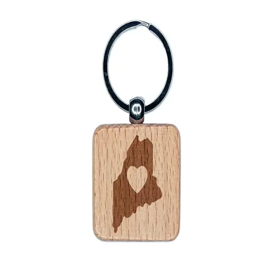 Maine State with Heart Engraved Wood Square Keychain Tag Charm {1}