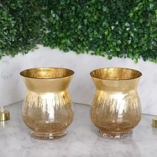 4 GOLD 6" tall Crackle Glass Candle Holders Vases {5}