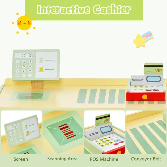 Kids Wooden Supermarket Play Toy Set With Checkout Counter-Green {6}