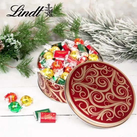 1.8lb Christmas Chocolate Gift Tin Hershey's Miniatures & Lindt Truffles - Golden Swirls {1}