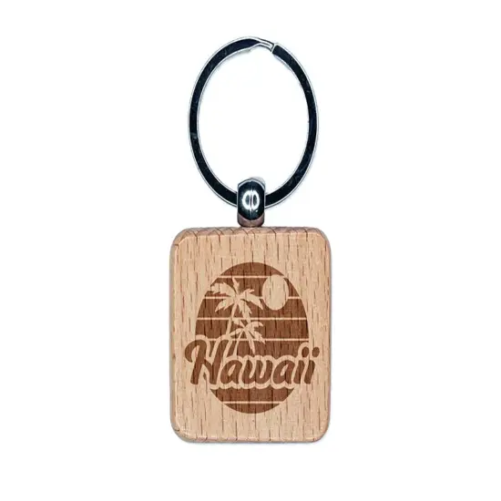 Hawaii Sunset Text with Palm Trees Engraved Wood Square Keychain Tag Charm {1}