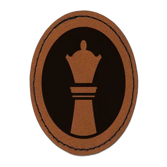 Chess Piece White Queen Round Iron-On Engraved Faux Leather Patch Applique - 2.5" Brown {1}
