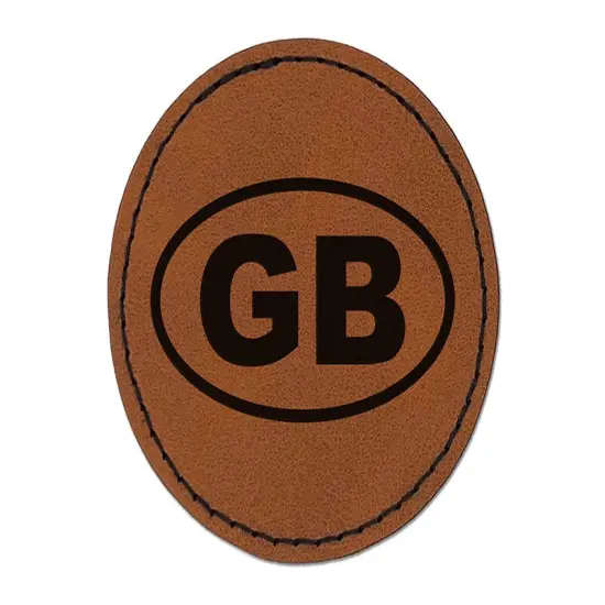 Great Britain GB Round Iron-On Engraved Faux Leather Patch Applique - 2.5" Brown {1}