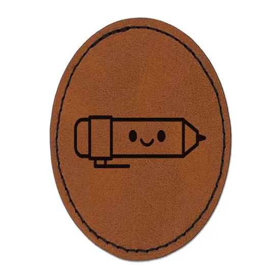 Kawaii Mechanical Pencil Teacher School Round Iron-On Engraved Faux Leather Patch Applique - 2.5" Brown {1}