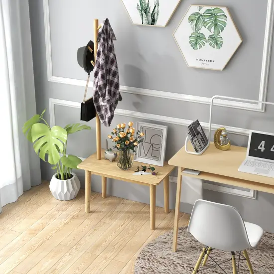 End Table With Coat Rack Solid Wood Coat Tree With 2-in-1 Side Table-natural {6}