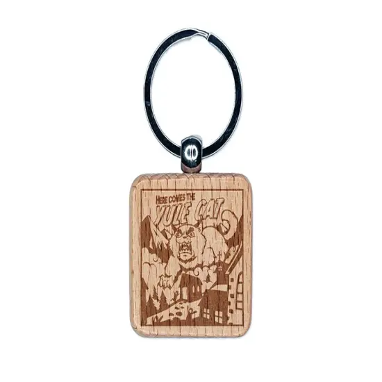 Here Comes the Yule Cat Icelandic Myth Folklore Christmas Engraved Wood Square Keychain Tag Charm {1}