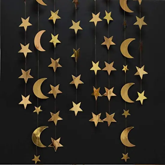 Gold Star Moon Garland Hanging Garands Streamers Banner Backdrop for Twinkle Little Star Party Decoration First Birthday/Baby Shower/Wedding//Kids Room/Nursery/Ramadan EID/Graduation Decor {1}