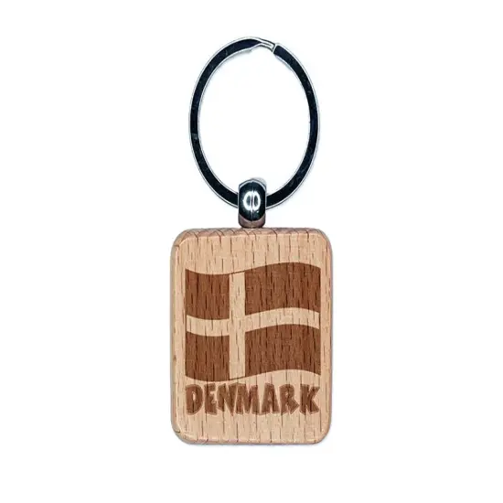 Denmark with Waving Flag Cute Engraved Wood Square Keychain Tag Charm {1}