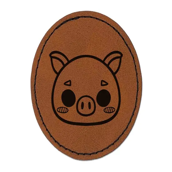 Charming Kawaii Chibi Pig Face Blushing Cheeks Round Iron-On Engraved Faux Leather Patch Applique - 2.5" Brown {1}