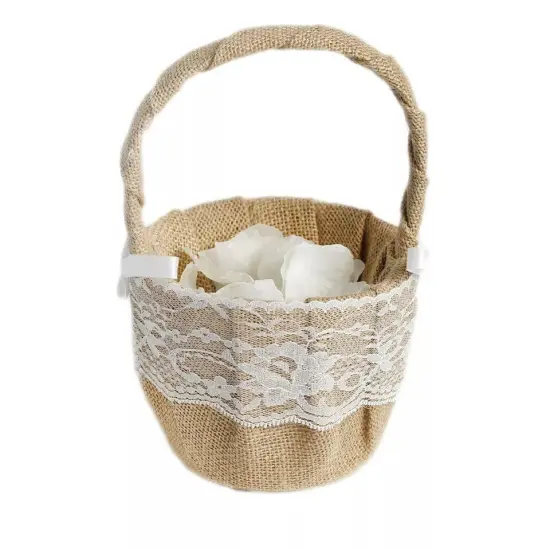 Natural Burlap with Satin Ribbon Lace Flower Girl Basket {1}