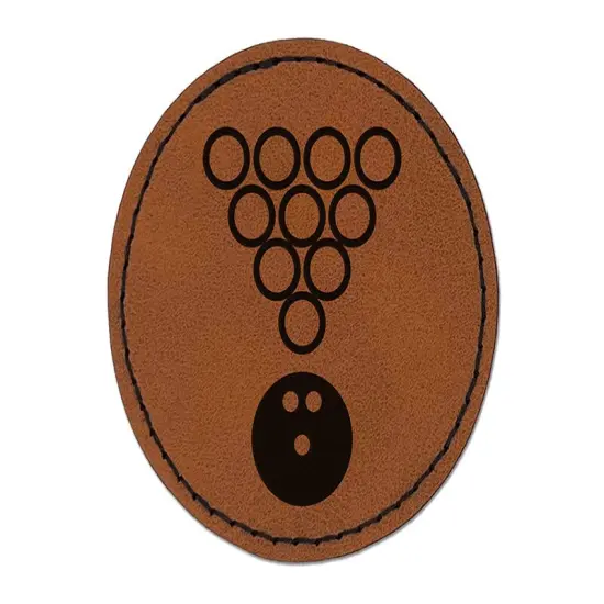 Bowling Ball Rolling Towards Pins Round Iron-On Engraved Faux Leather Patch Applique - 2.5" Brown {1}