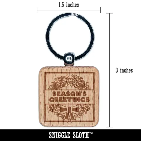 Season's Greetings Christmas Wreath Engraved Wood Square Keychain Tag Charm {2}