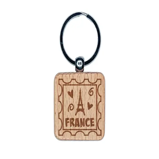 France Passport Eiffel Tower Travel Engraved Wood Square Keychain Tag Charm {1}