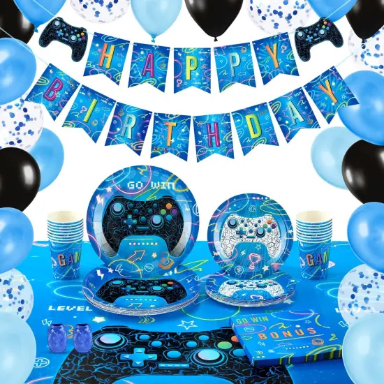 88 Pieces Gamer Birthday Party Decorations for Kids Boys Family Gaming Night Tableware Set Happy Birthday Banner Tablecloth Plates Napkins Cups Balloons Serves 16 Guests {2}