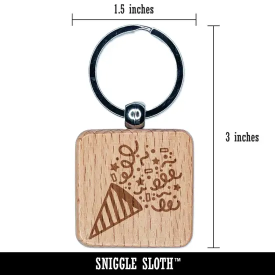 Party Popper with Confetti Celebration Birthday Engraved Wood Square Keychain Tag Charm {2}