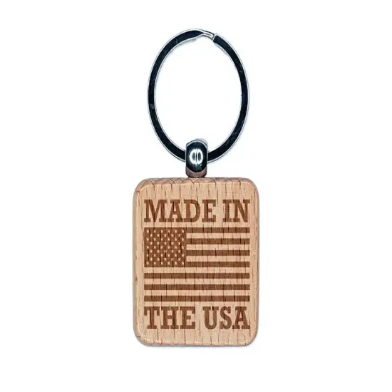 Made in the USA with Flag Engraved Wood Square Keychain Tag Charm {1}