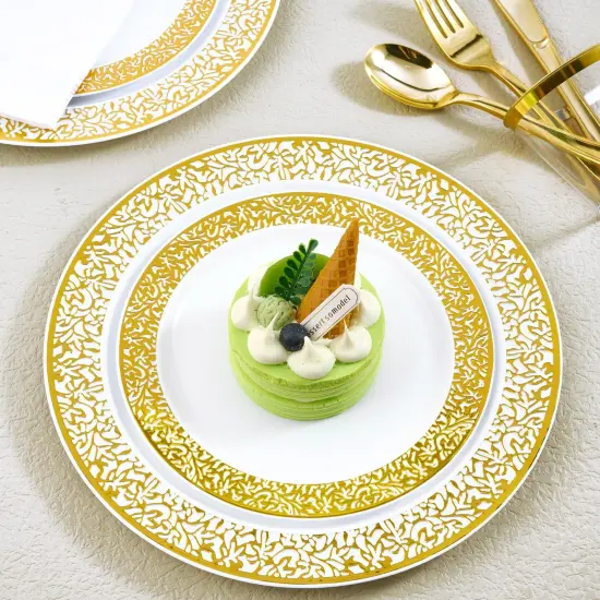 150 Pieces Gold Dinnerware Set, Elegant Plastic Plates Disposable Include: 25 Gold Lace Plastic Plates, 25 Dessert Plates, 25 Forks, 25 Knives, 25 Spoons, 25 Cup, Ideal for Party, Birthday {5}
