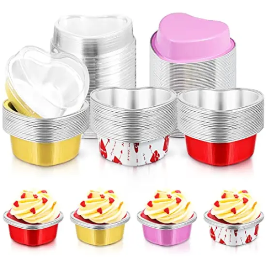60 Sets Heart Shaped Cake Pans with Lids, 3.4 Ounces/ 100 ml, Aluminum Foil Mini Disposable Heart Cupcake Pans for Valentine's Day Wedding Parties (Gold, Red, Pink, White) {1}