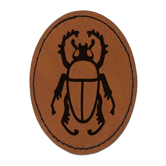 Scarab Beetle Round Iron-On Engraved Faux Leather Patch Applique - 2.5" Brown {1}