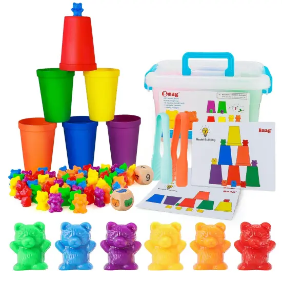 Counting Bears with Matching Sorting Cups,Pre-School Math Learning Games with 2 Dices,Color Recognition STEM Educational Toy for Toddler Bonus Tweezers, Storage Box, Activity Cards {2}