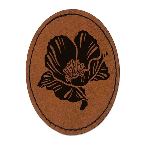 Pretty Poppy Flower Round Iron-On Engraved Faux Leather Patch Applique - 2.5" Brown {1}