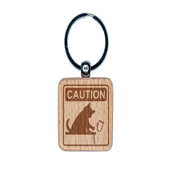 Caution Cat Knocks Things Over Engraved Wood Square Keychain Tag Charm {1}