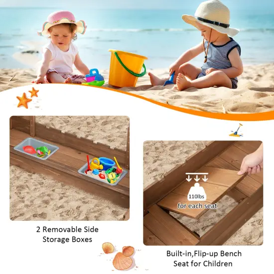 Kids Wooden Sandbox with Bottom Liner and Red Flags {6}