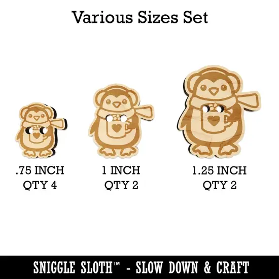 Winter Penguin with Hot Chocolate Heart Mug Wood Buttons for Sewing Knitting Crochet DIY Craft {1}