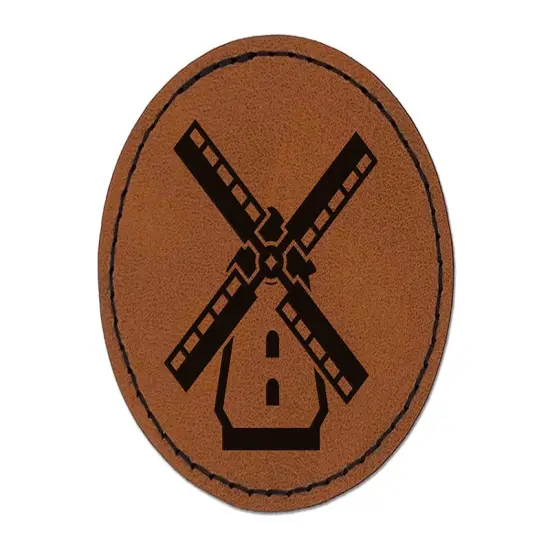 Dutch Windmill Round Iron-On Engraved Faux Leather Patch Applique - 2.5" Brown {1}