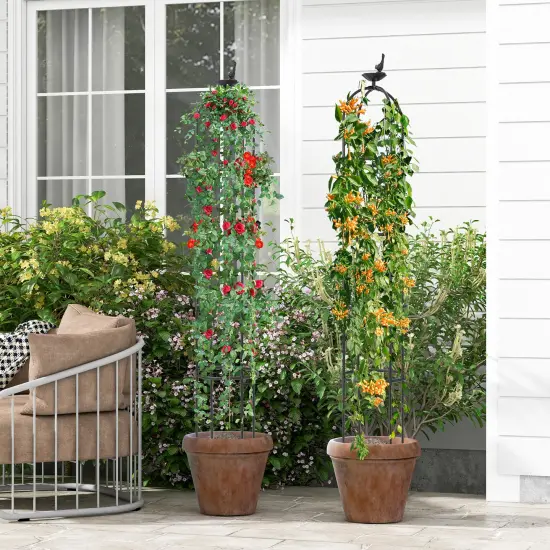 Set of 2 Height Adjustable Garden Trellis Towers with Decorative Tops Plant Support for Vines or Flowers {1}