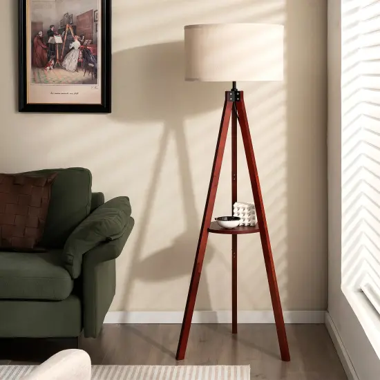 Brown Rubber Wood Linen Tripod Floor Lamp with Shelf and E26 Socket for Living Room and Bedroom {2}