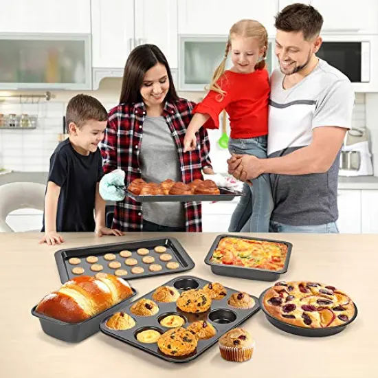 5 Pieces Nonstick Bakeware Set, Bakeware Include Cookie Sheet, Loaf Pan, Square Pan, Round Cake Pan, 12 Cups Muffin Pan {3}
