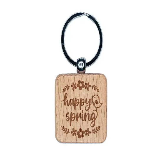 Happy Spring Bird and Flowers Engraved Wood Square Keychain Tag Charm {1}