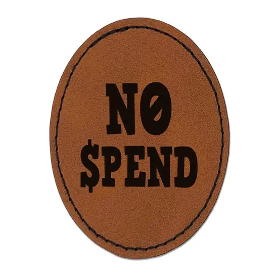 No Spend Money Spending Fun Text Round Iron-On Engraved Faux Leather Patch Applique - 2.5" Brown {1}