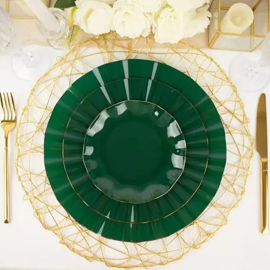 10 HUNTER GREEN 6" Round PLASTIC Salad Dinner PLATES Gold Wavy Rim {2}
