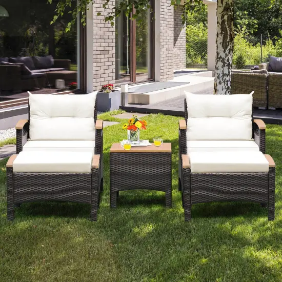 5 Pieces Patio Conversation Set with Cushions Coffee Table and 2 Ottomans {6}