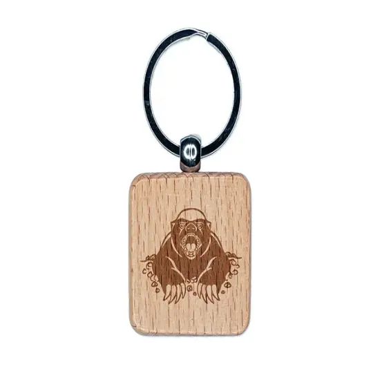 Angry Honey Badger Engraved Wood Square Keychain Tag Charm {1}
