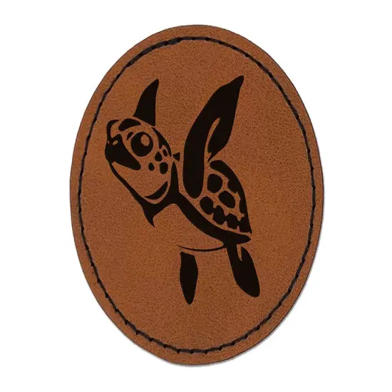 Baby Green Sea Turtle Swimming In Ocean Round Iron-On Engraved Faux Leather Patch Applique - 2.5" Brown {1}