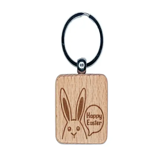 Peeking Bunny Happy Easter Engraved Wood Square Keychain Tag Charm {1}
