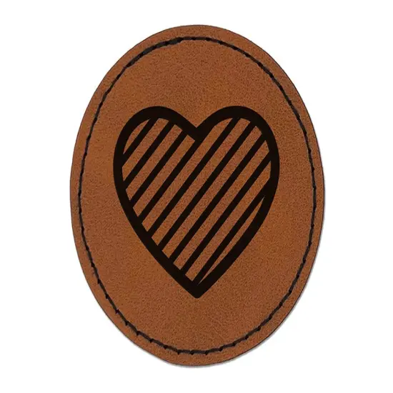 Heart with Stripes Round Iron-On Engraved Faux Leather Patch Applique - 2.5" Brown {1}