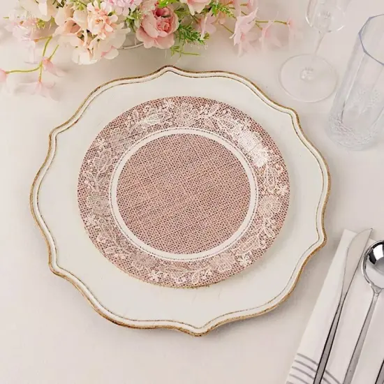 25 NATURAL 9" Burlap Print Floral Lace Paper Dinner PLATES {3}