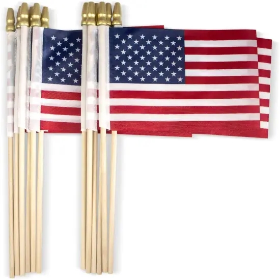 LOT of 50 - USA 4X6 in Wooden Stick Flag - July 4Th Decoration, Veteran Party, Grave Marker, Etc. - Handheld American Flag with Kid Safe Golden Spear Top (Pack of 50) Us - 12 Pack {1}