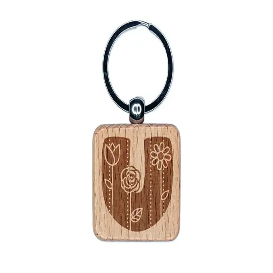 Sweet and Cute Flowers Rounded Block Letter U Engraved Wood Square Keychain Tag Charm {1}