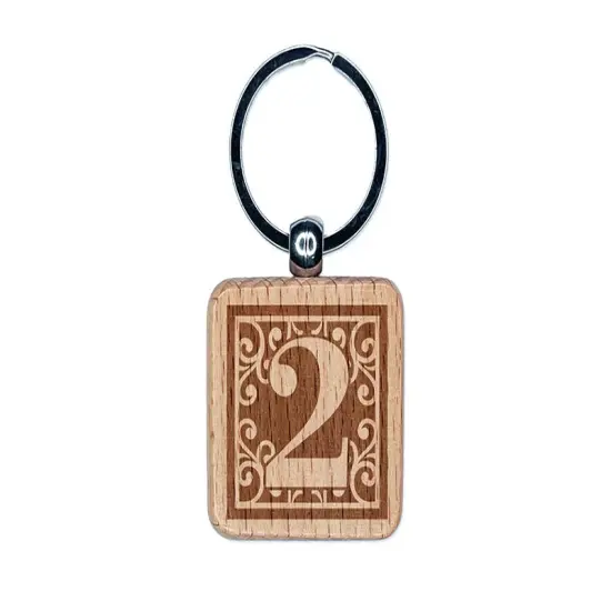 Monogram Swirls Number 2 Two Engraved Wood Square Keychain Tag Charm {1}