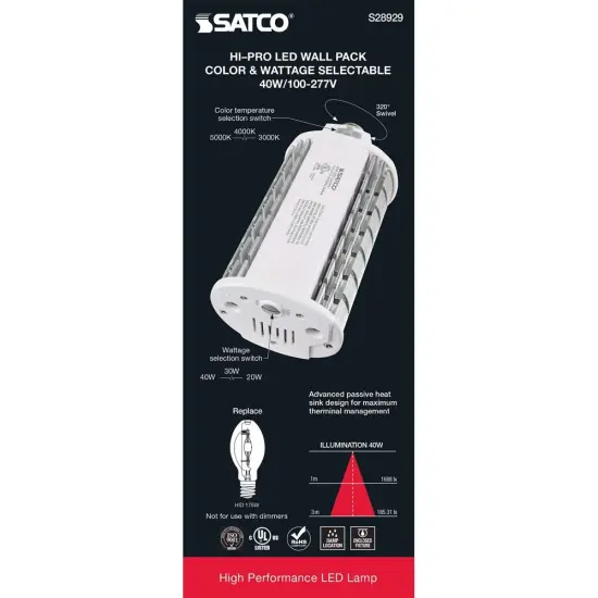 Satco LED Hi-Pro Wall Pack 20/30/40w CCT Selectable Medium Base 100-277V {3}