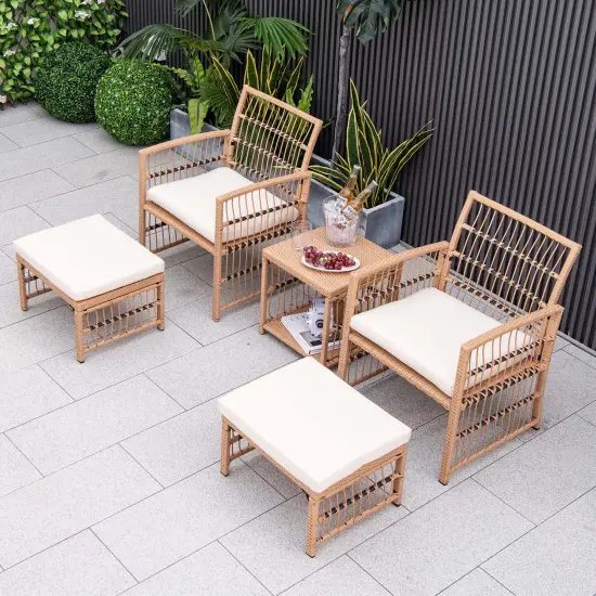 Costway 5 Piece Patio Rattan Wicker Conversation Set with 2-Tier Coffee Table & 2 Ottomans {4}