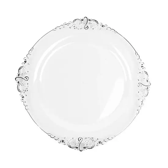 10 CLEAR SILVER 10" Round Plastic Salad Dinner PLATES Embossed Baroque Rim {1}