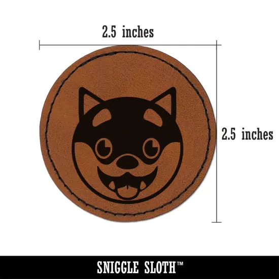 Husky Dog Face Excited Round Iron-On Engraved Faux Leather Patch Applique - 2.5" Brown {3}